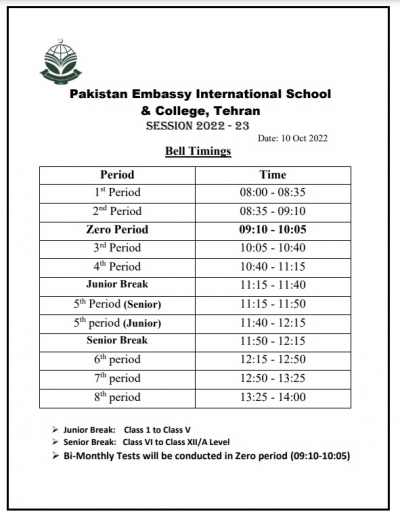 Bell Timings (During First Bi-Monthly Assessments)